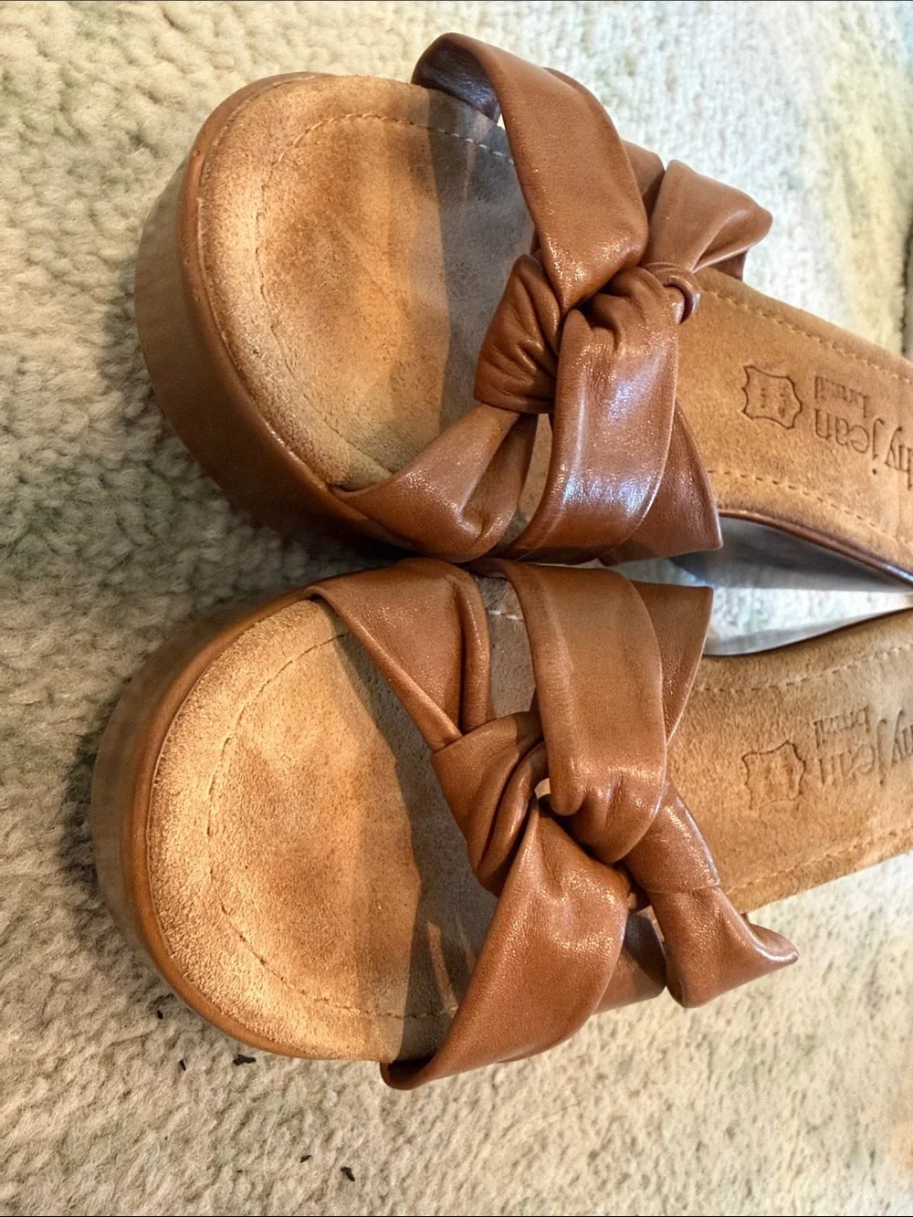 Cathy Jean Vintage Cognac Knotted Leather Wedge Slides 90s Y2K Made in Brazil - Picture 3 of 5